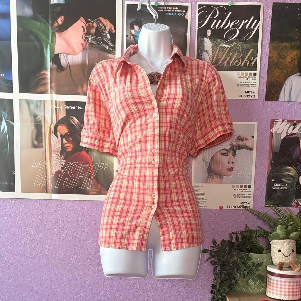 Plus Size Preppy Pink Orange Plaid Button Up